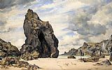 Edward William Cooke Canvas Paintings - Steeple Rock, Kynance Cove, Lizard, Cornwall, Low Water